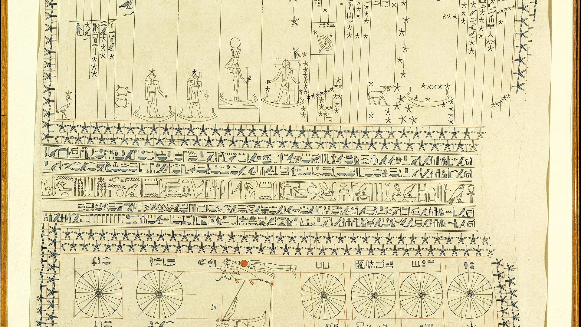 Primary archaeological plate of the ancient Egyptian astronomical ceiling of Senenmut showing 36 decanal star registers and planetary barques.