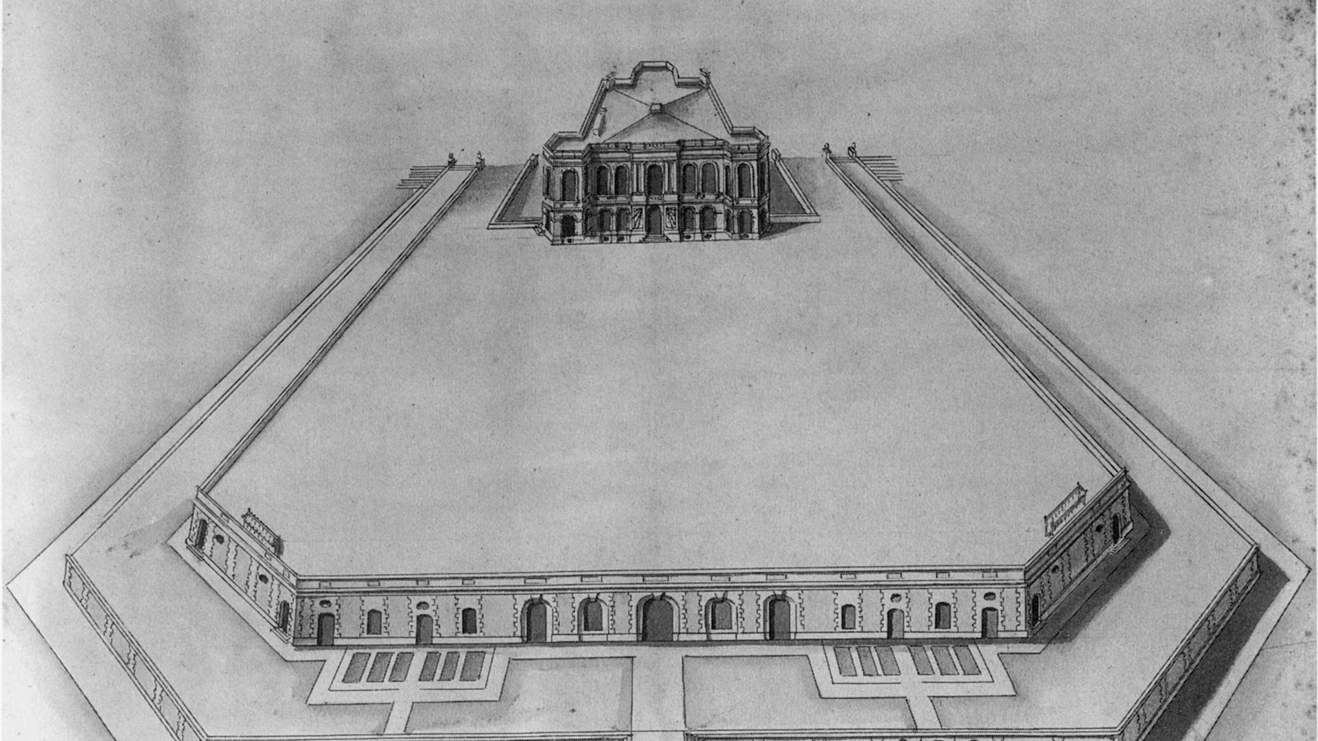 Grabado arquitectónico histórico en cobre del Observatorio de París establecido en 1667.