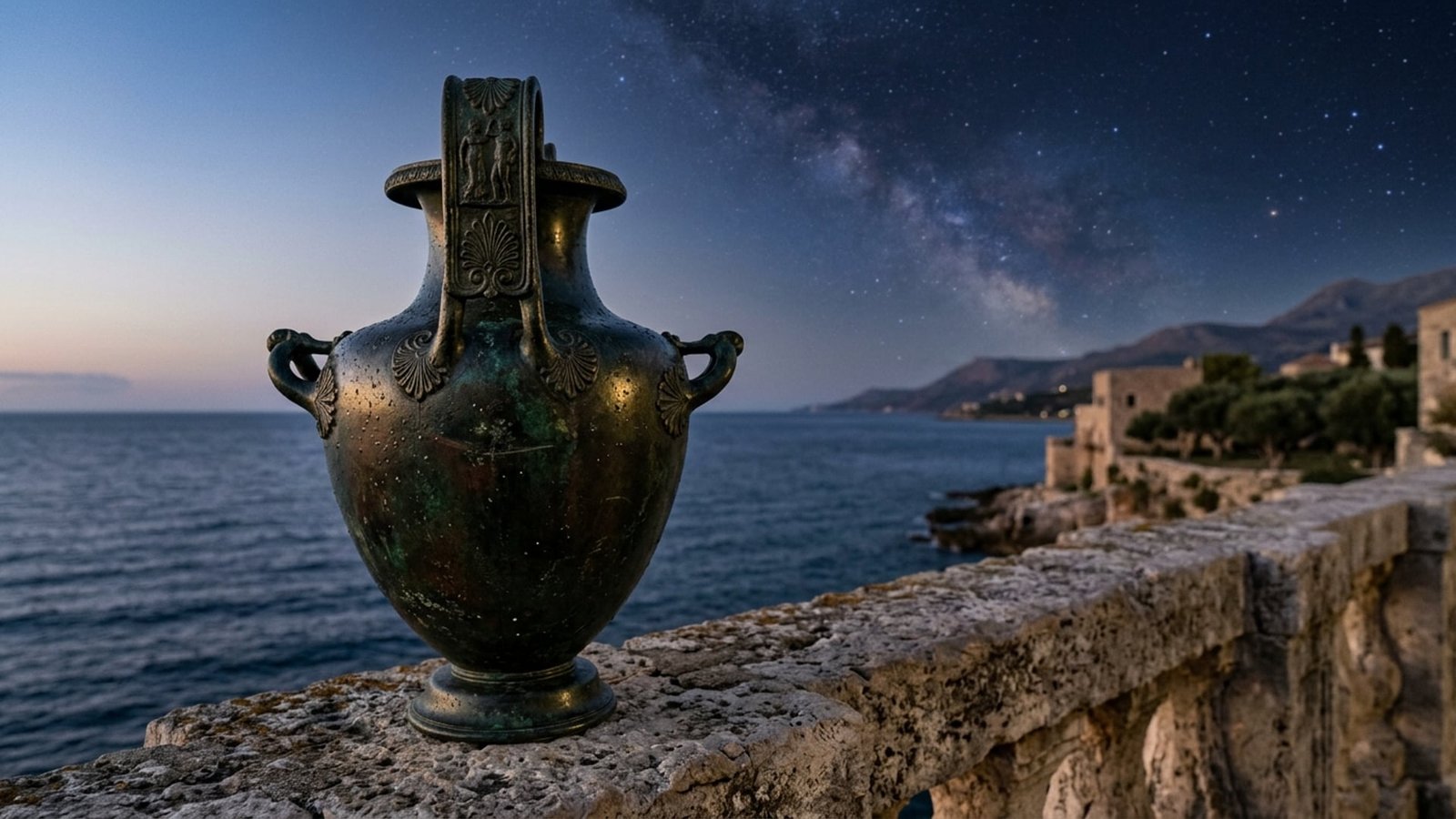 Ancient Greek Bronze Hydria Amphora on Terrace — Aquarius Astrological Archetype Documentary Plate