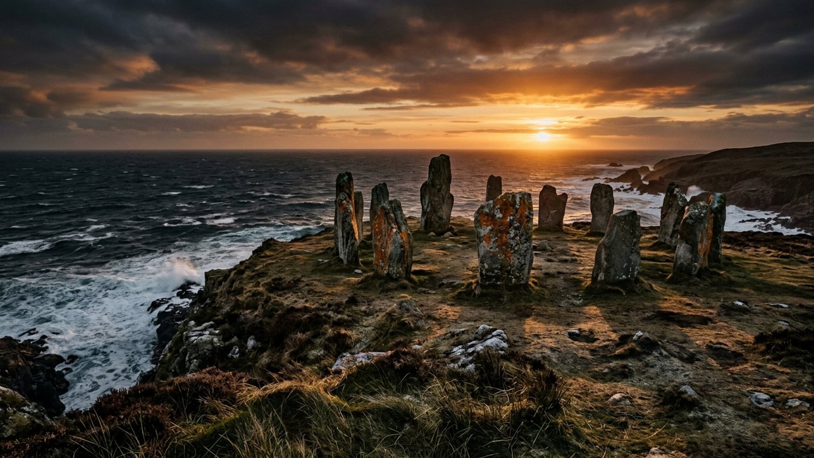 Neolithic Stone Circle at Winter Solstice Sunset — Capricorn Astrological Archetype Documentary Plate