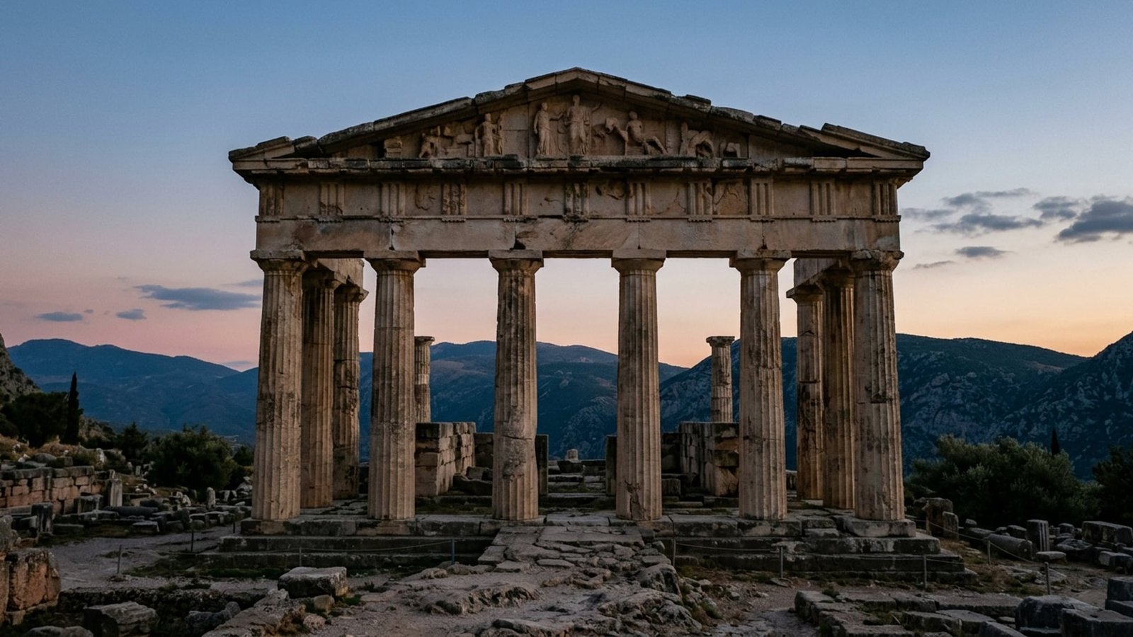 Ancient Greek Sanctuary of Themis at Dusk — Libra Astrological Archetype Documentary Plate