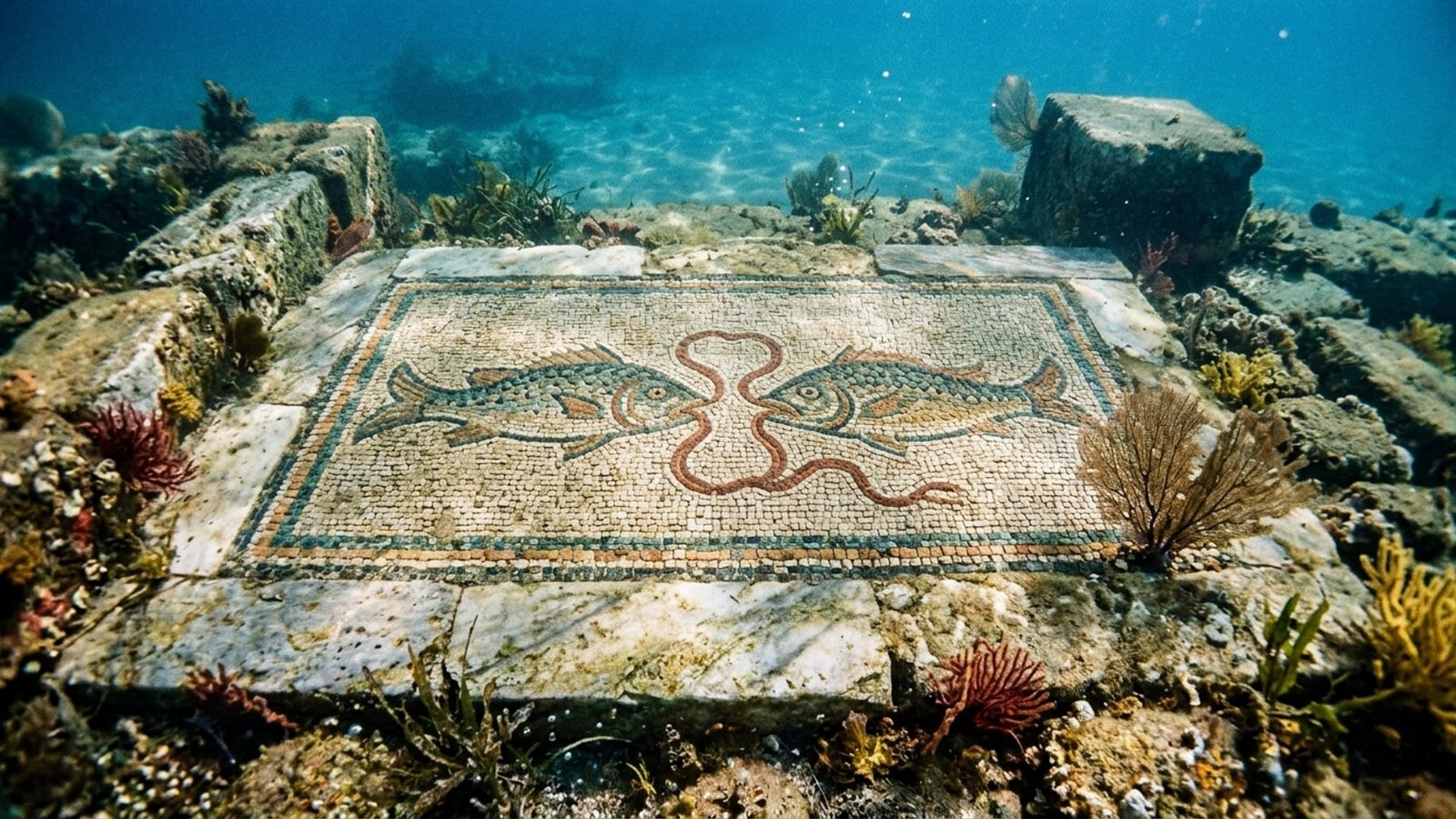 Submerged Roman Dual-Fish Mosaic in Baiae — Pisces Astrological Archetype Documentary Plate