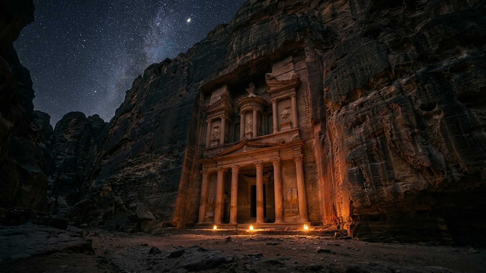 Rock-Cut Canyon Sanctuary Facade at Night — Scorpio Astrological Archetype Documentary Plate