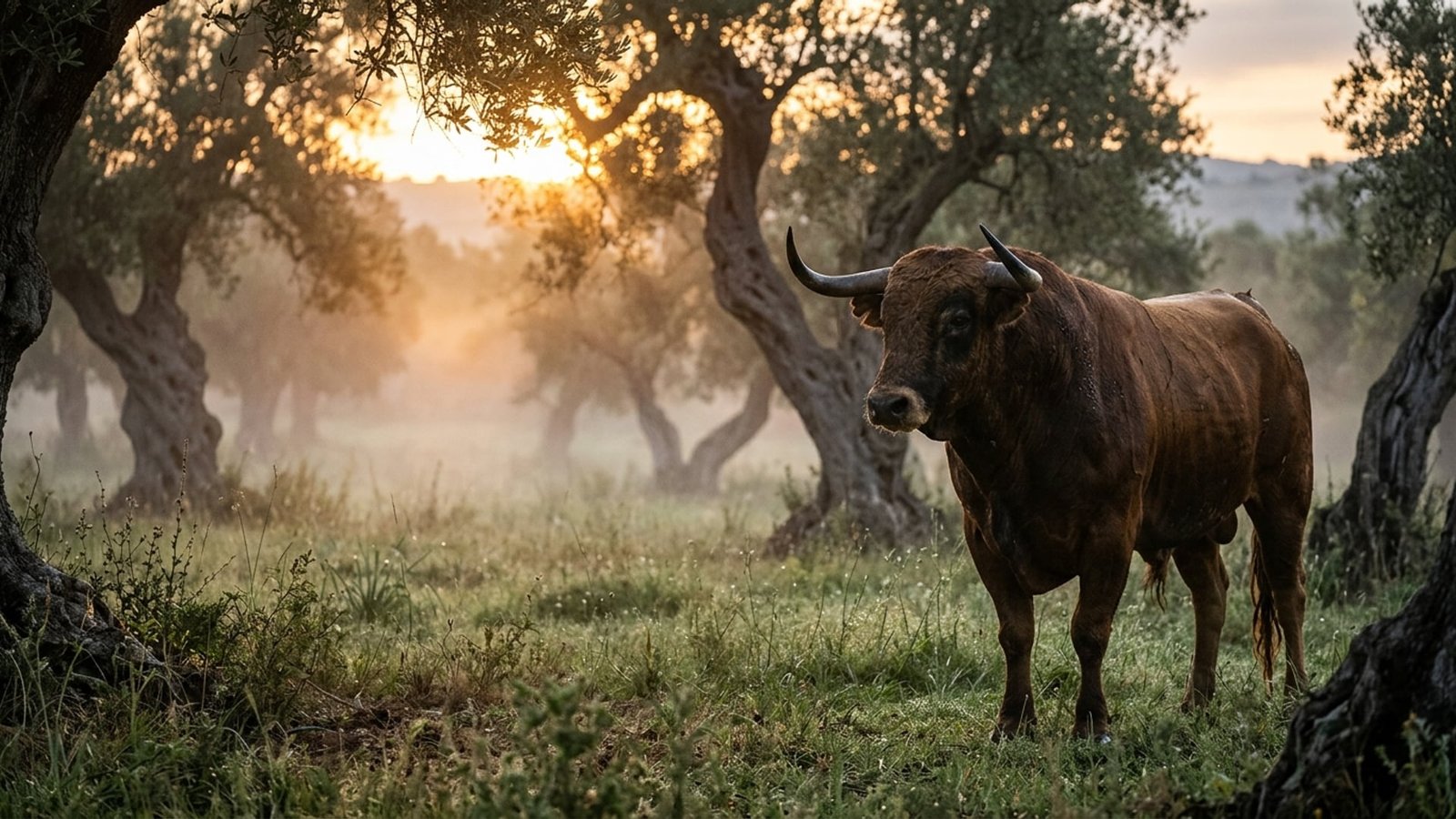 Iberian Bull in Verdant Twilight Meadow — Taurus Astrological Archetype Documentary Plate