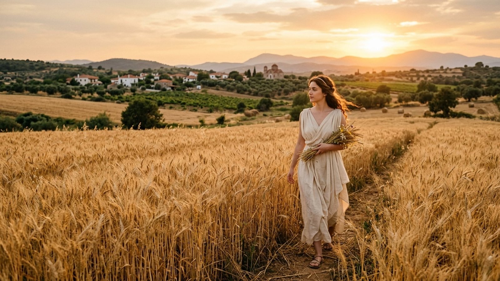 Classical Draped Maiden in Autumn Wheat Field — Virgo Astrological Archetype Documentary Plate