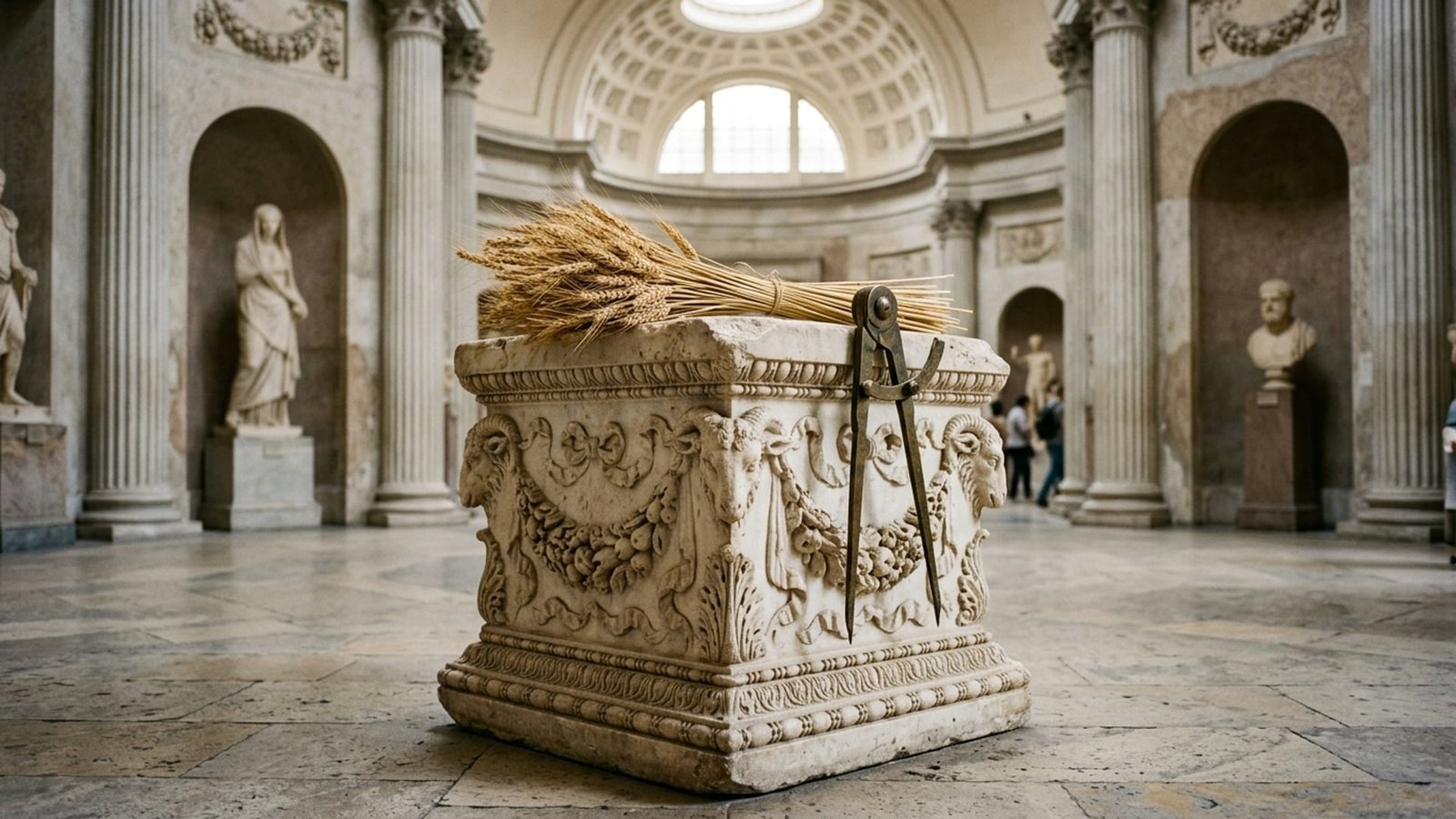 Pentelic Marble Plinth with Harvest Sheaf and Dividers — Virgo Astrological Archetype Documentary Plate