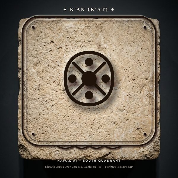 Maya Tzolk'in Day Sign K'an (K'at) monumental limestone stela relief