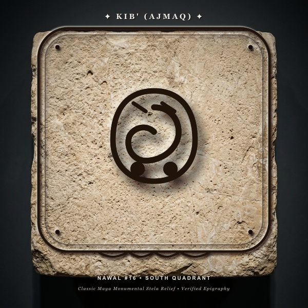 Maya Tzolk'in Day Sign Kib' (Ajmaq) monumental limestone stela relief