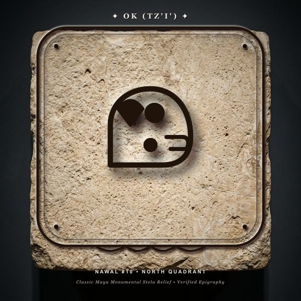 Maya Tzolk'in Day Sign Ok (Tz'i') monumental limestone stela relief