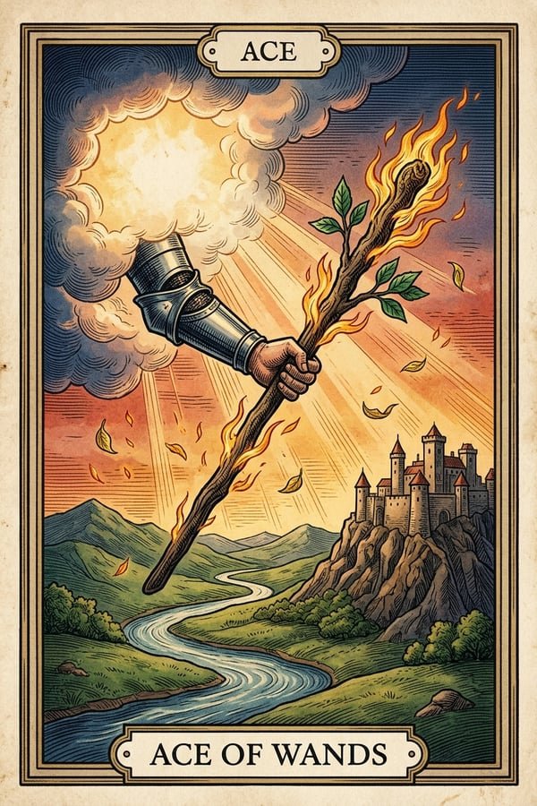 Traditional copperplate engraving: Ace of Wands