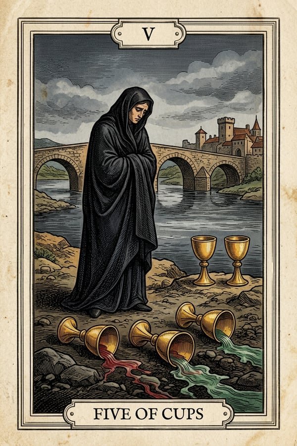 Traditional copperplate engraving: Five of Cups