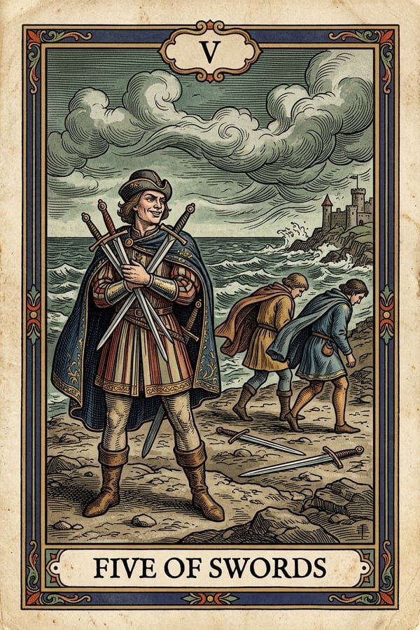 Traditional copperplate engraving: Five of Swords
