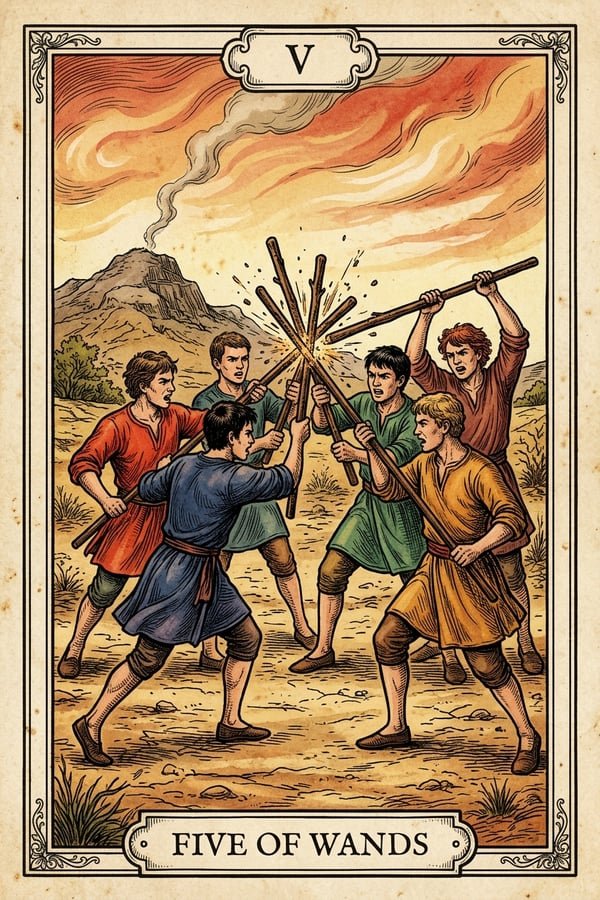 Traditional copperplate engraving: Five of Wands