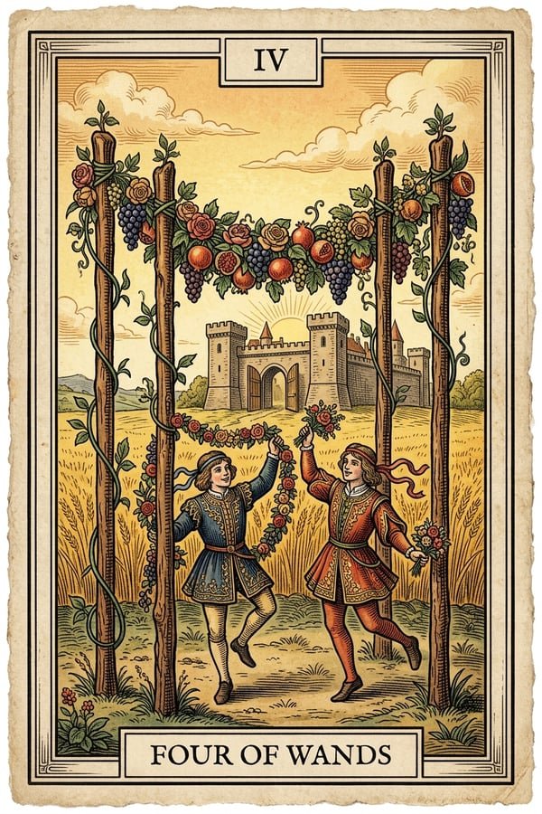 Traditional copperplate engraving: Four of Wands