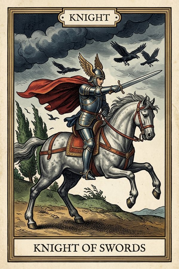 Traditional copperplate engraving: Knight of Swords