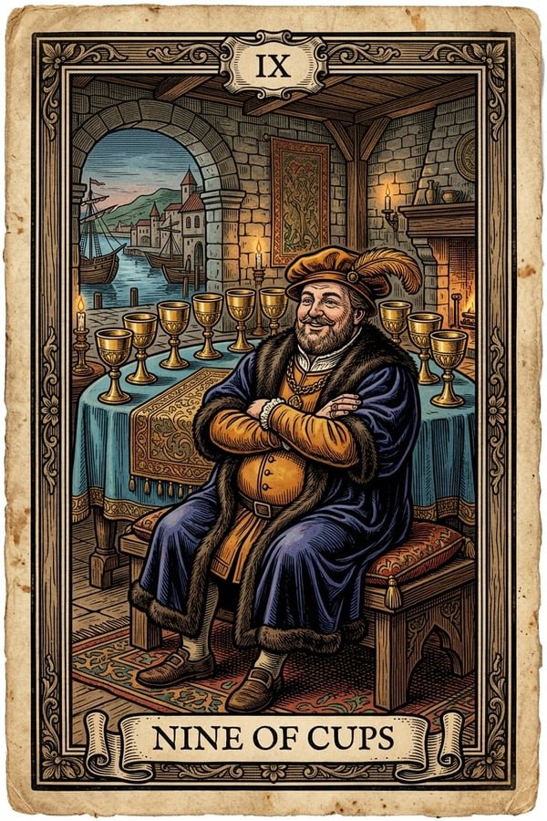 Traditional copperplate engraving: Nine of Cups