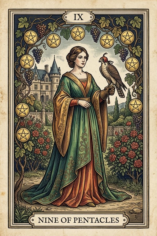 Traditional copperplate engraving: Nine of Pentacles