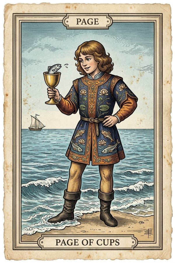 Traditional copperplate engraving: Page of Cups