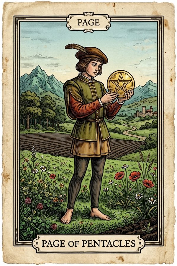 Traditional copperplate engraving: Page of Pentacles