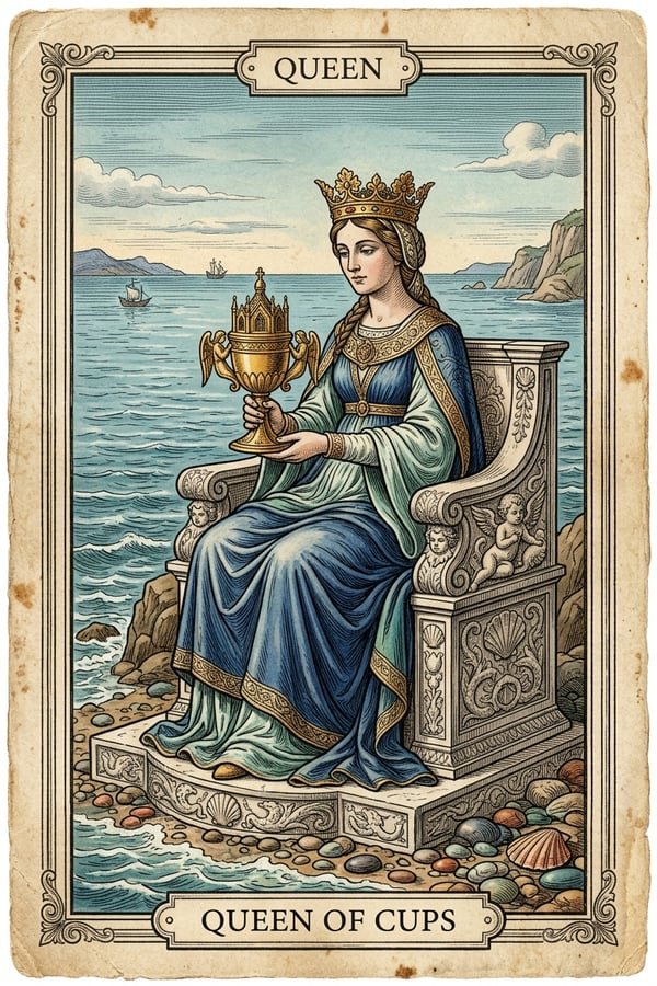 Traditional copperplate engraving: Queen of Cups