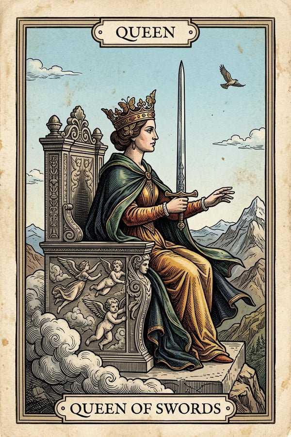 Traditional copperplate engraving: Queen of Swords