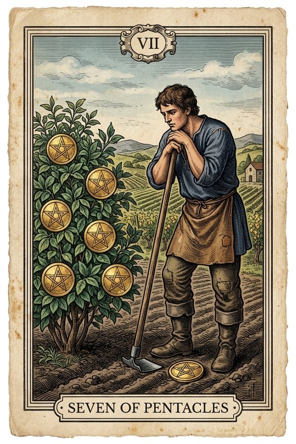Traditional copperplate engraving: Seven of Pentacles