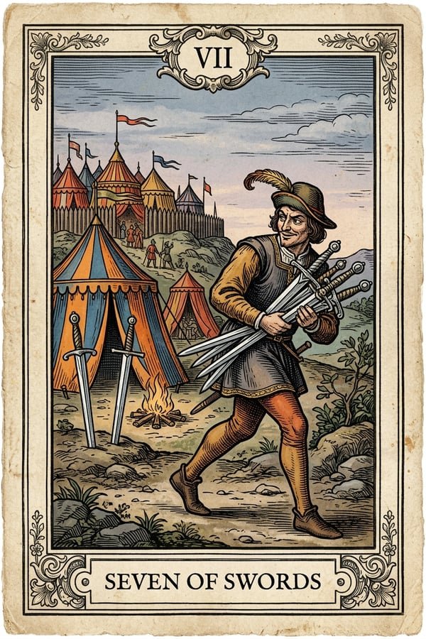 Traditional copperplate engraving: Seven of Swords