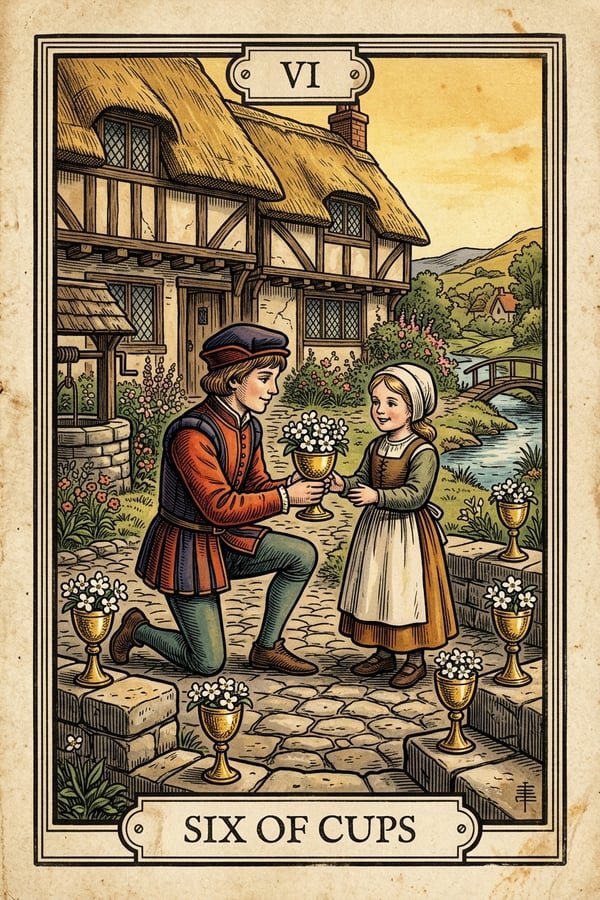 Traditional copperplate engraving: Six of Cups