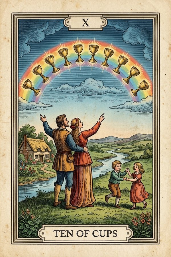 Traditional copperplate engraving: Ten of Cups