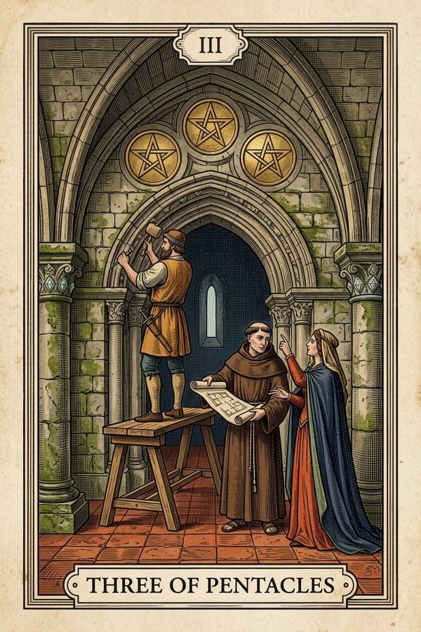 Traditional copperplate engraving: Three of Pentacles