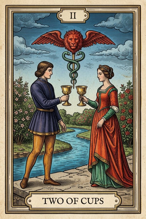 Traditional copperplate engraving: Two of Cups