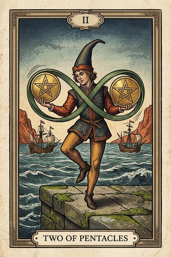 Traditional copperplate engraving: Two of Pentacles